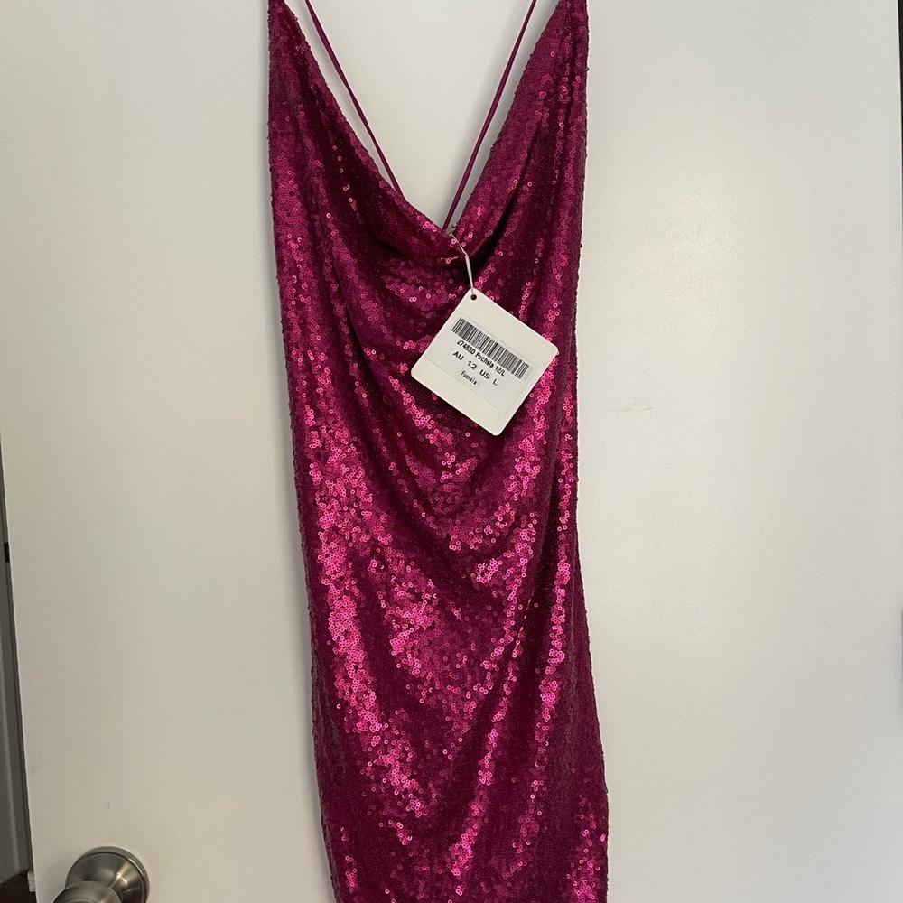 NWT Large Miami Nights Cowl Neck Sequin Mini Dress Fuchsia